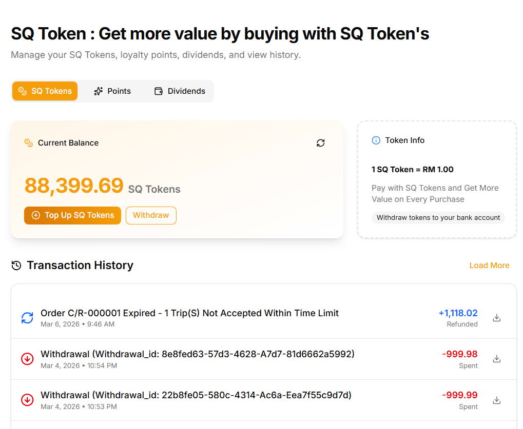 SQ Tokens app interface